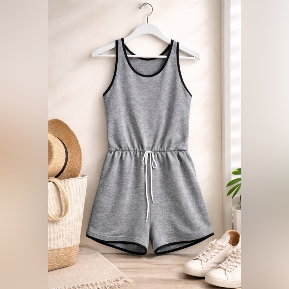 SHEIN Womens Gray Marled Tie Waist Tank‎ Romper Playsuit Sleeveless Athleisure L